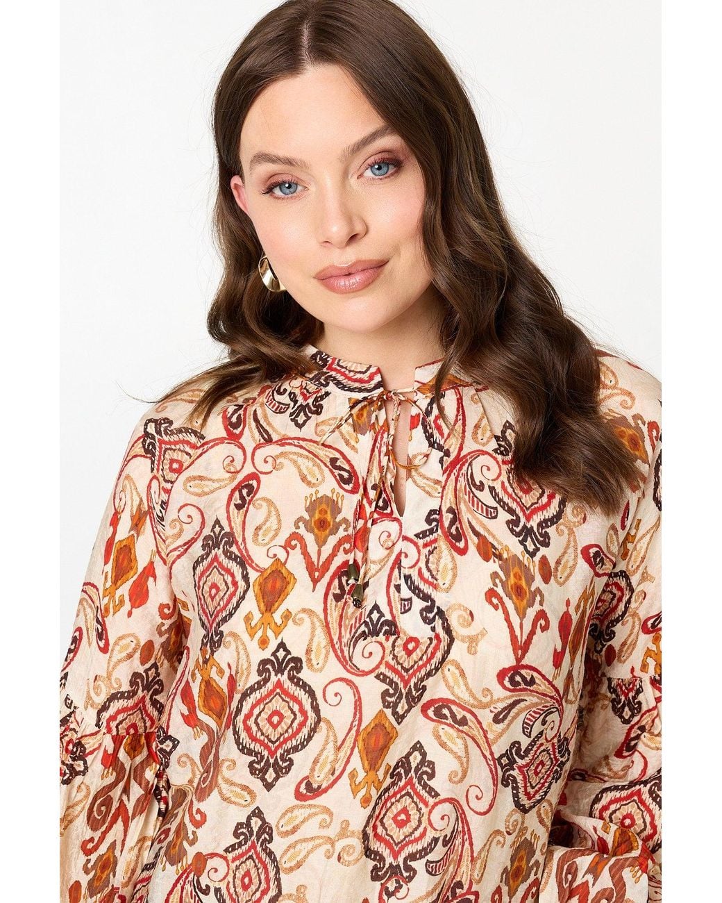 Izabel London Orange Printed Tie High Neck Long Sleeve Blouse