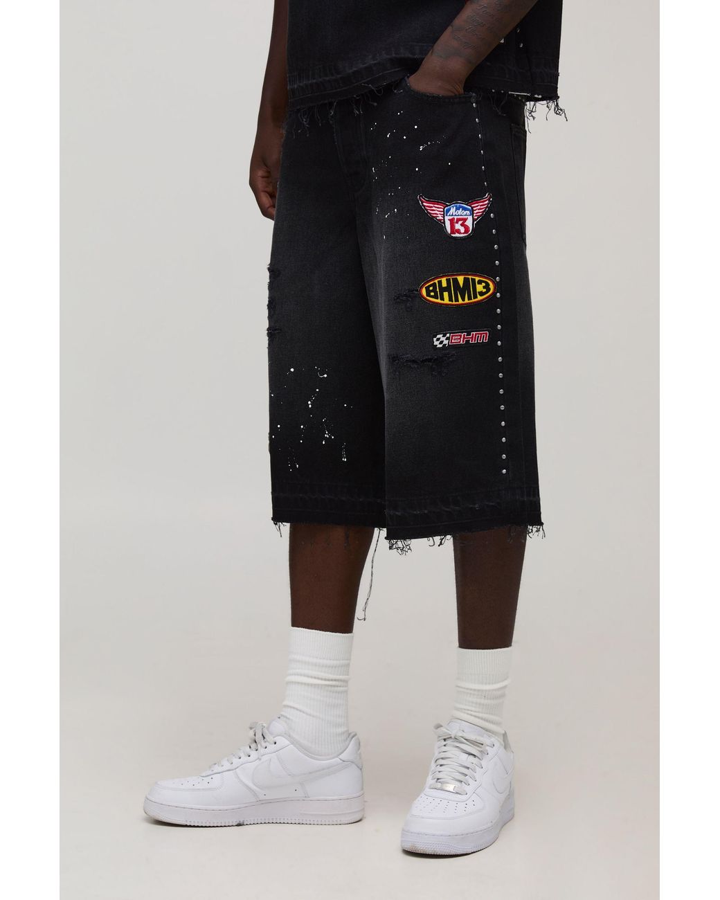 BoohooMAN Black Washed Moto Badge Longline Jorts for men