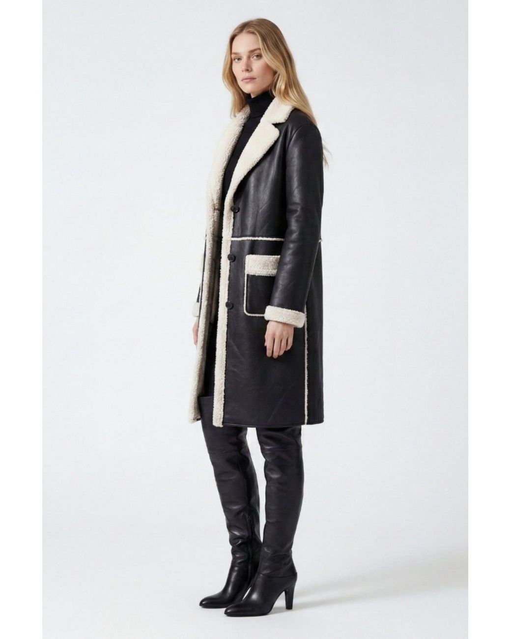 Elle Black Avery Longline Faux-Shearling Coat