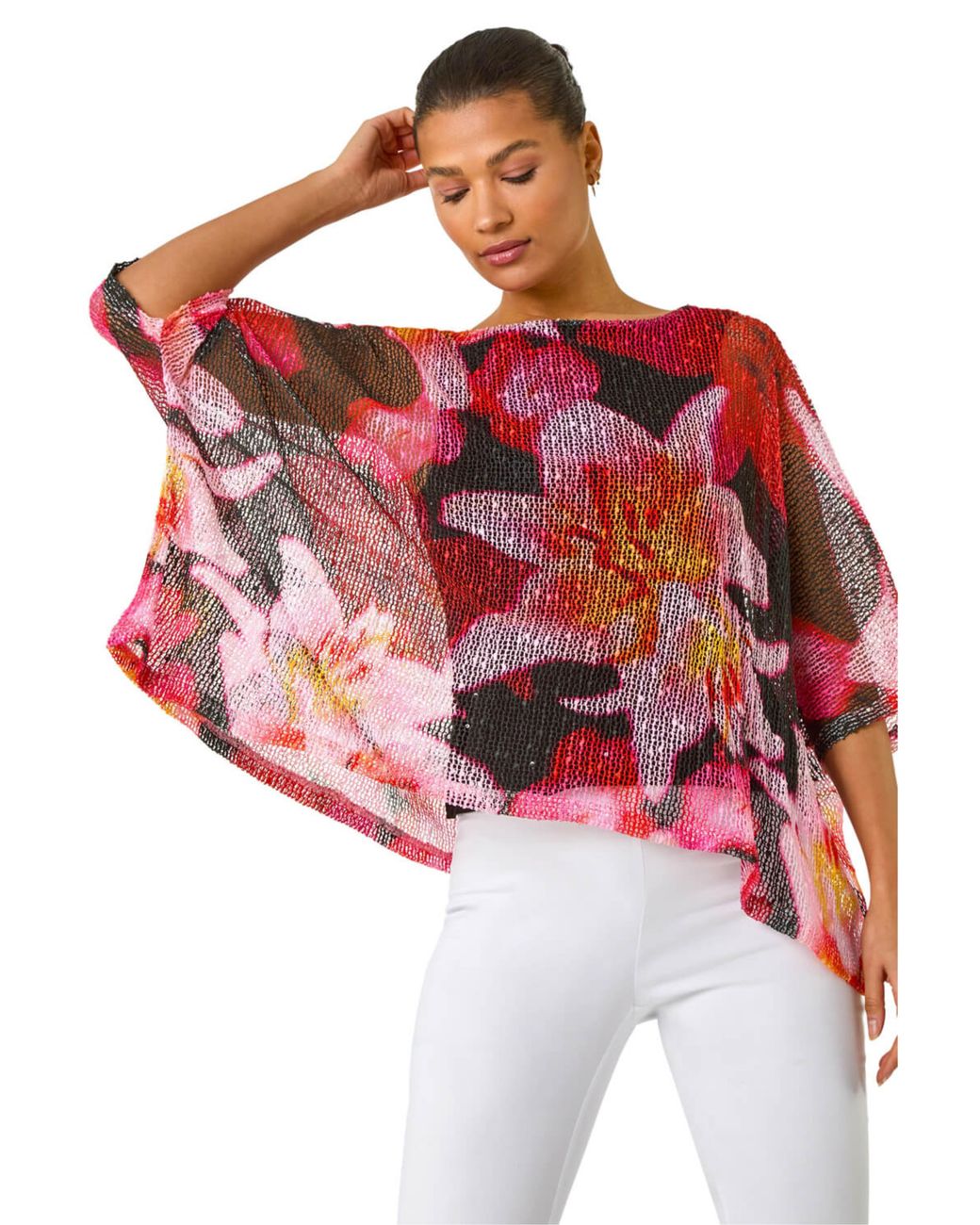 Roman Red Floral Print Mesh Overlay Top