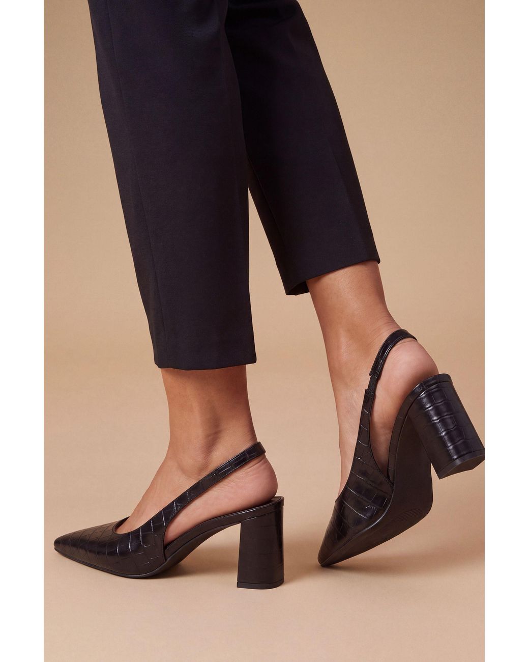 Oasis Black Abigail Faux Leather Croc Slingback Block Heel Court Shoes
