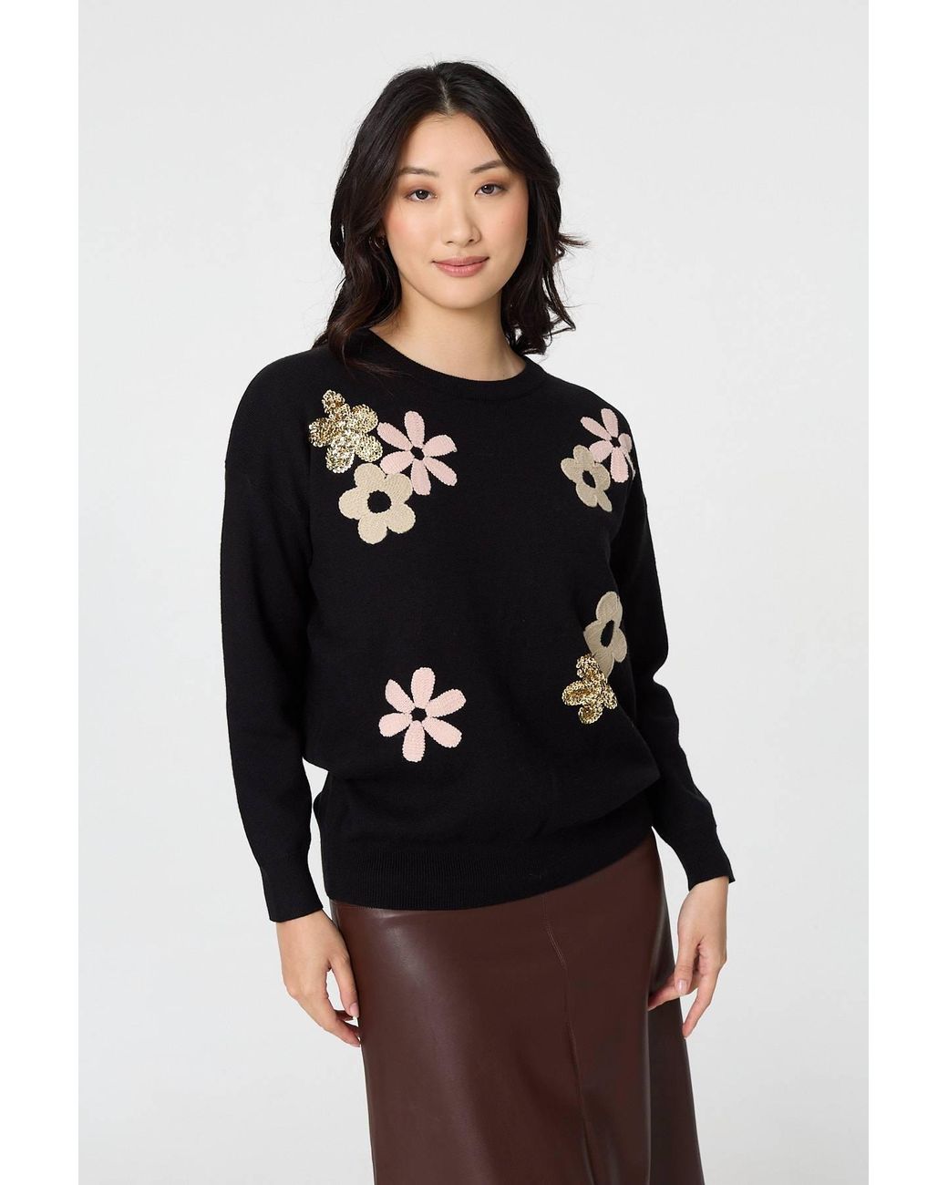 Izabel London Black Sequin Floral Embellished Relaxed Jumper
