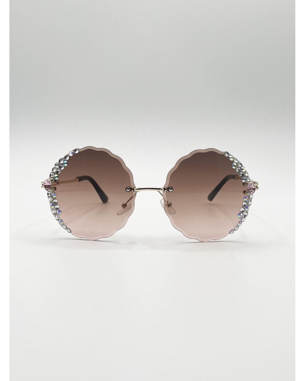 SVNX Gray Oversized Round Frameless Sunglasses With Crystal Detail