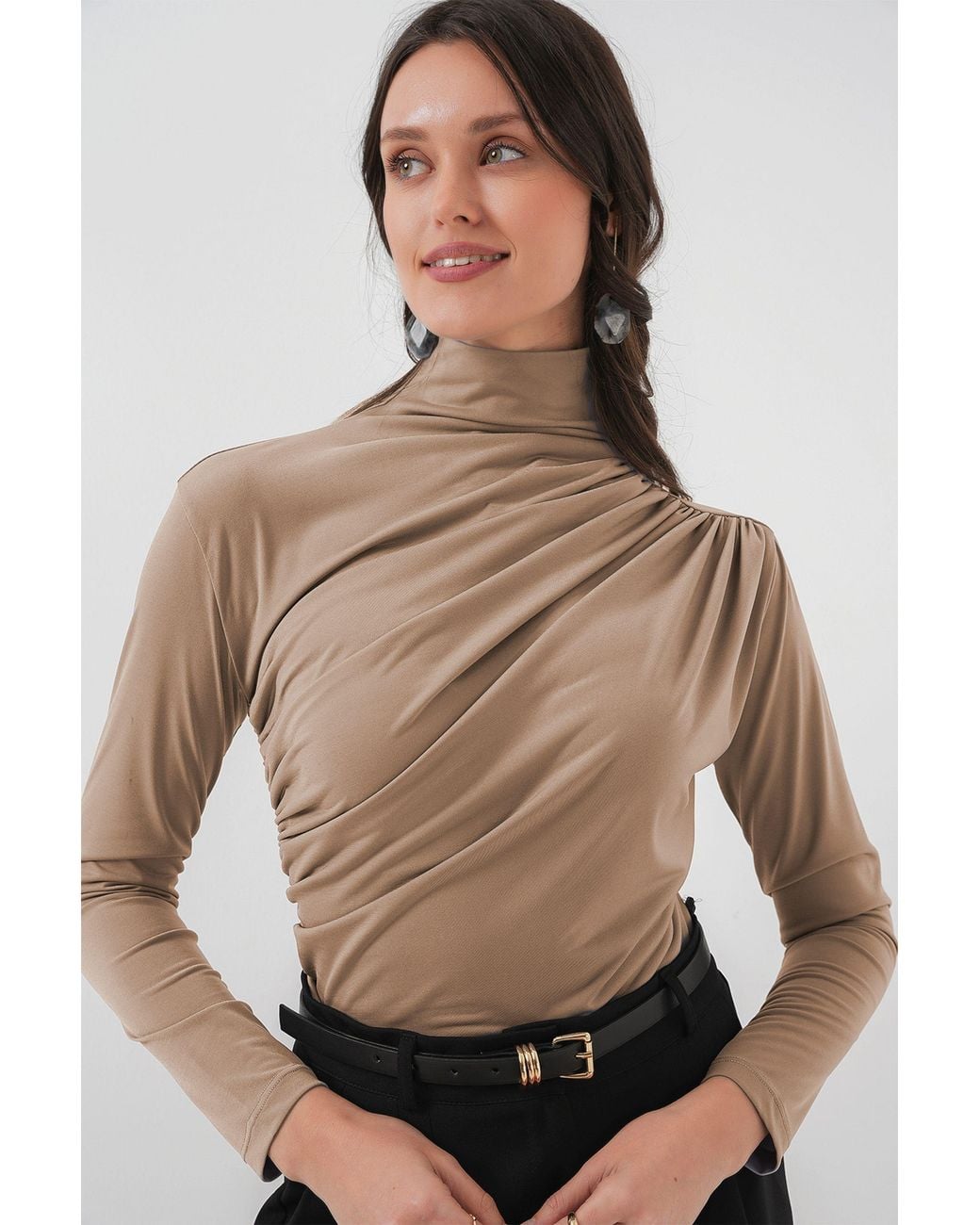 Bigdart Brown Fitted Turtleneck Blouse With Drape Detail