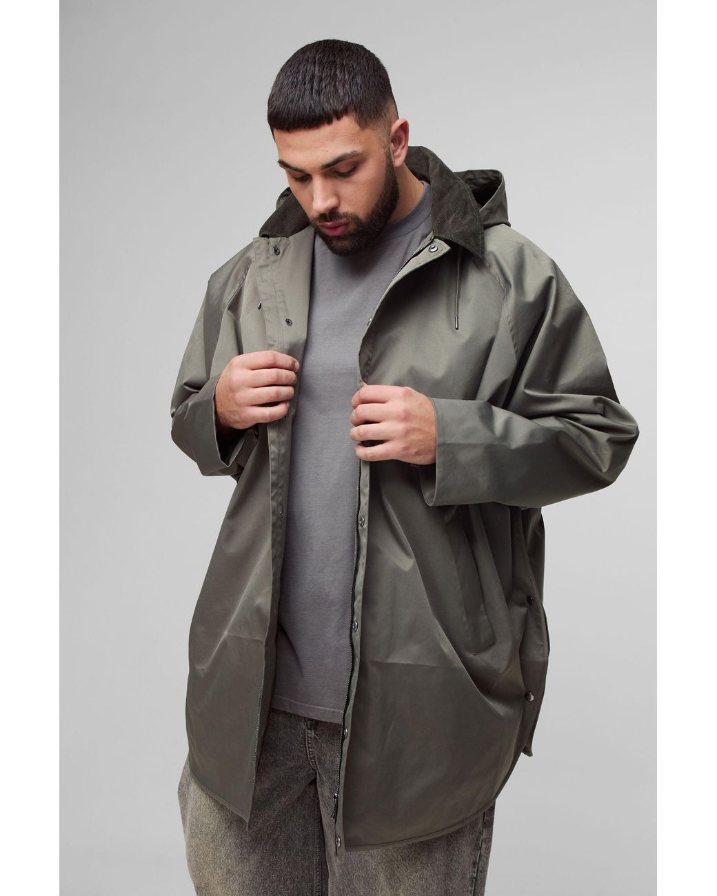 BoohooMAN Gray Plus Oversized Cord Collar Hooded Parka Jacket for men