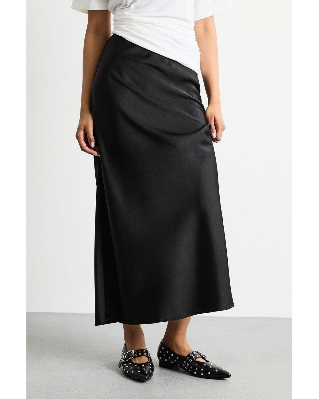 Warehouse Black Satin Bias Cut Maxi Skirt