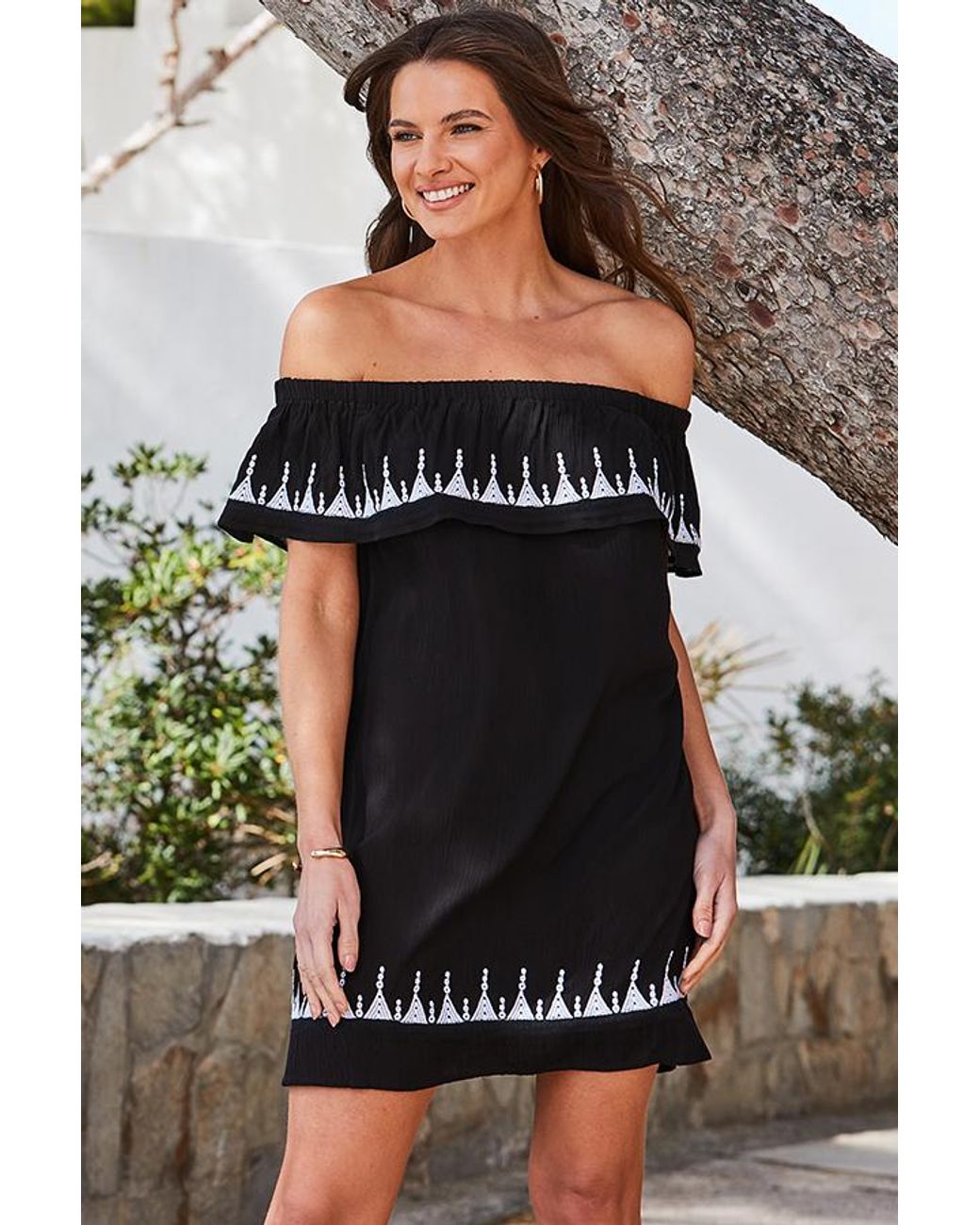 Sosandar Black Embroidered Detail Bardot Shift Dress