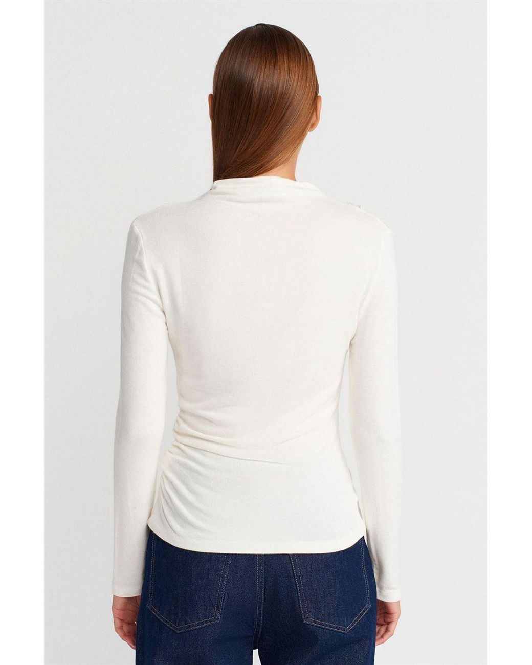 Dilvin Geribbelde Slim-Fit Halve Colblouse in het White