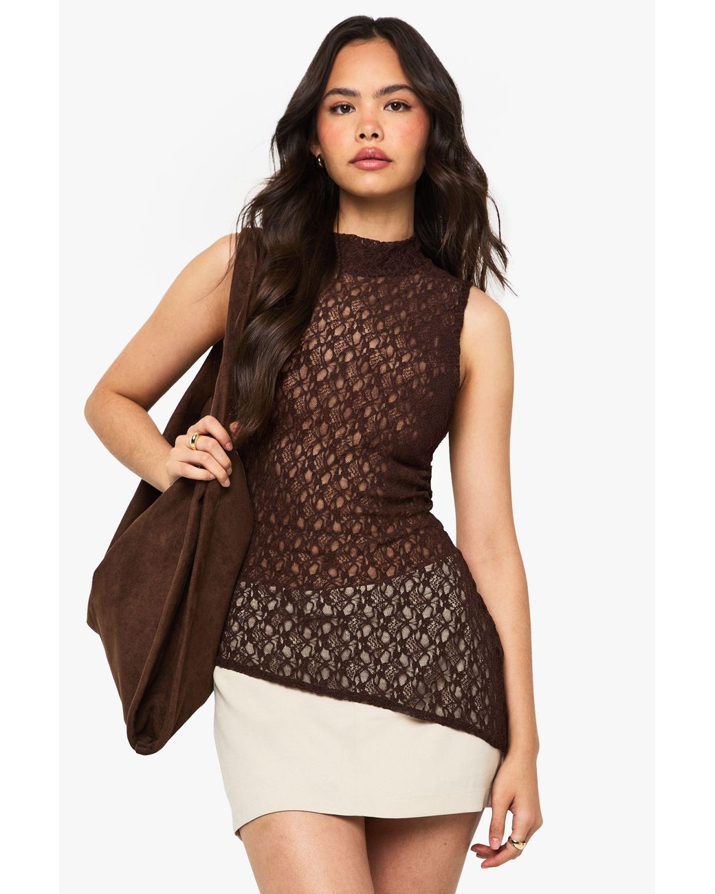 Boohoo Brown Lace Grown On Neck Asym Hem Top