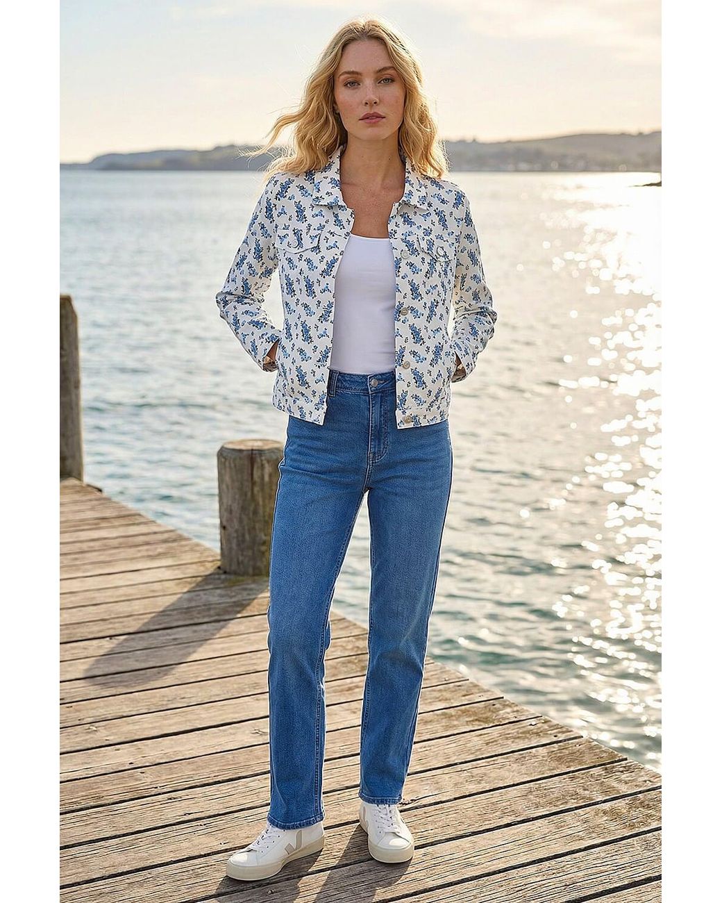 Roman Blue Floral Print Bengaline Denim Jacket