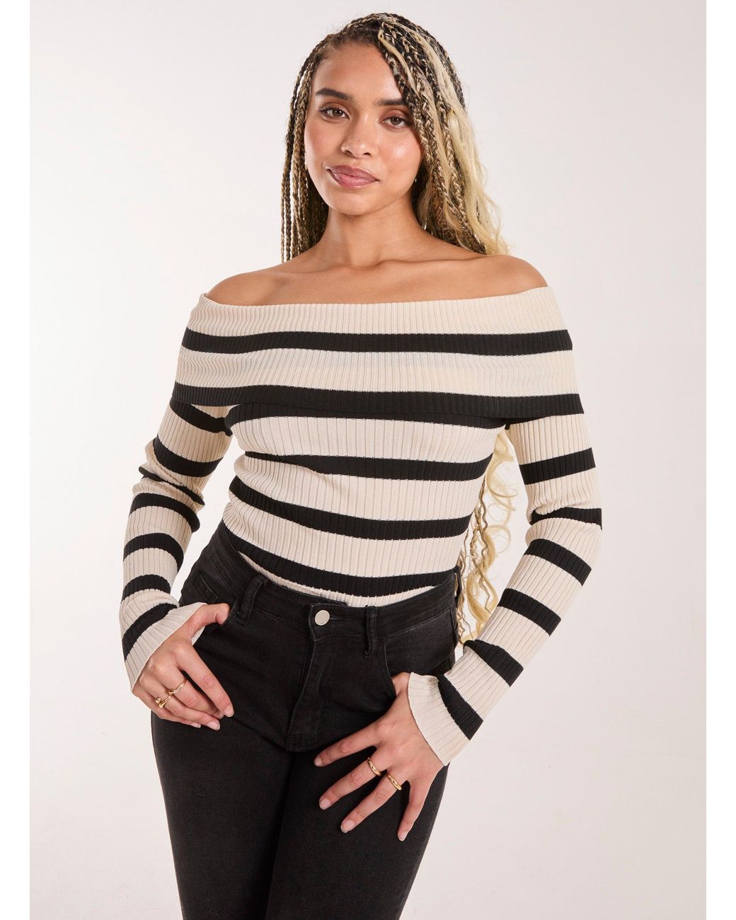Pink Vanilla Natural Striped Bardot Knit Top