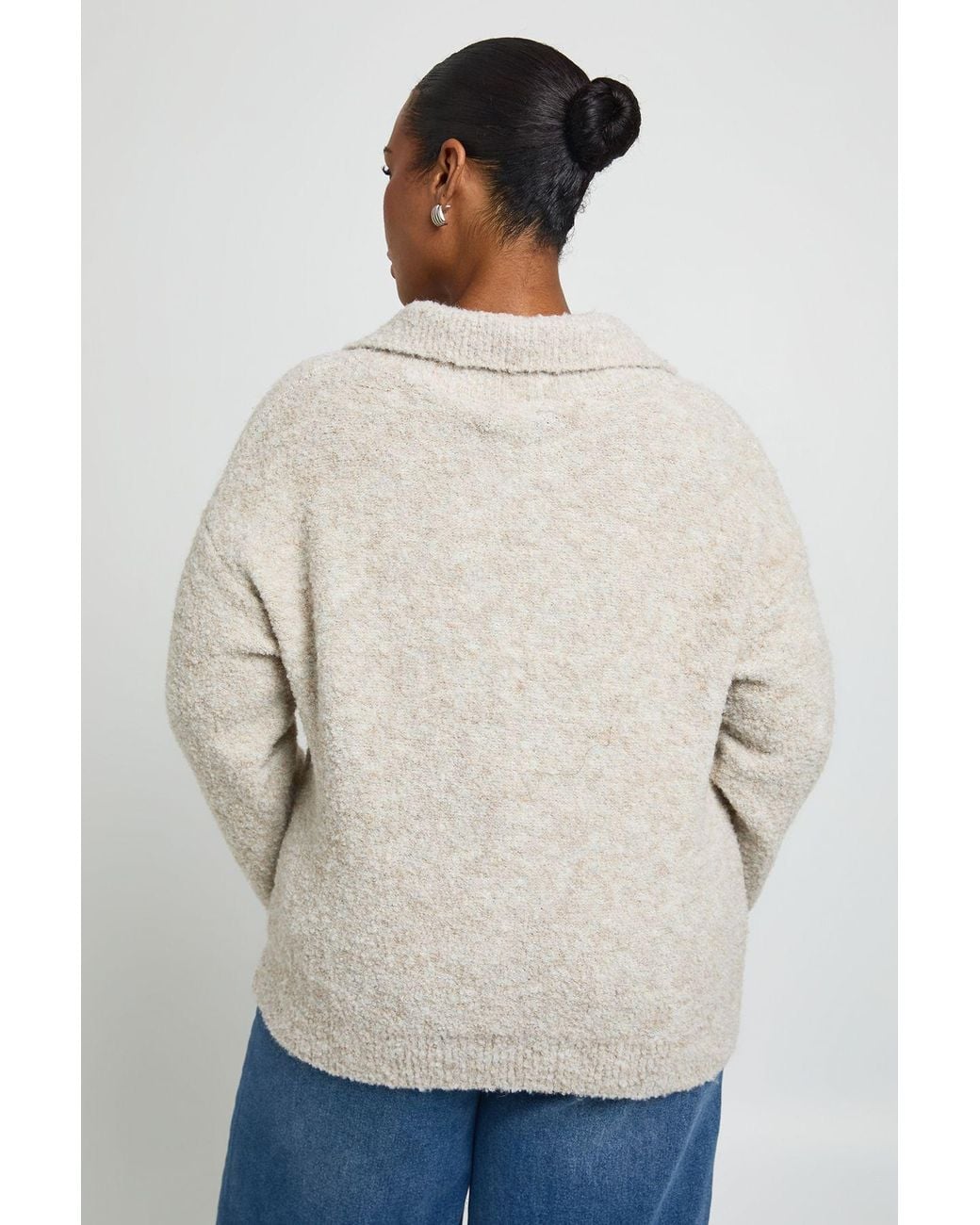 Boohoo White Plus Collared Boucle Knitted Pocket Detail Jumper