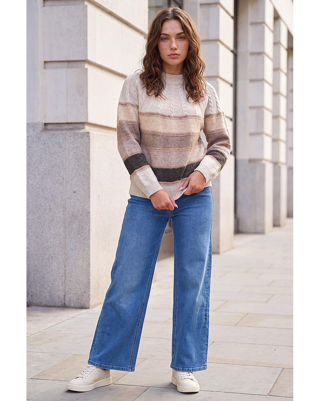 Roman Gray Petite Stripe Cable Knit Jumper