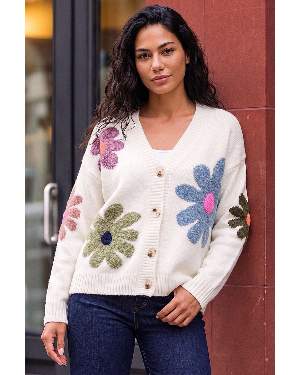 Roman White Floral V-Neck Knit Cardigan