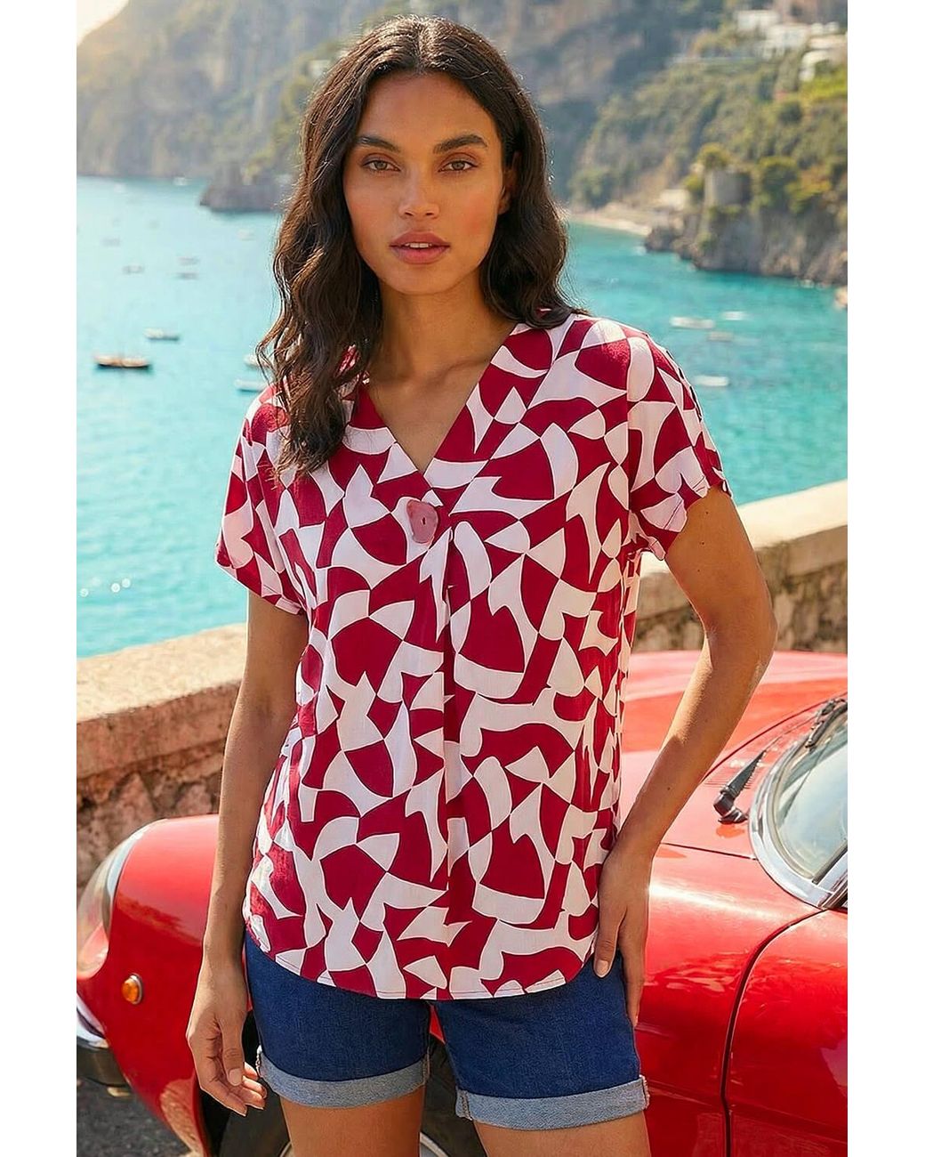 Roman Red Abstract Print V-Neck Stretch Top