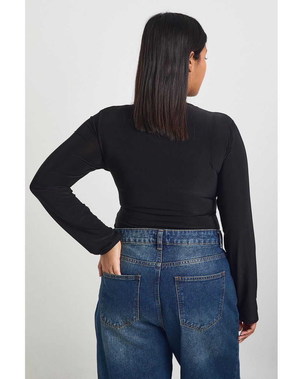 Boohoo Black Plus Double Layer Slinky Long Sleeve Bodysuit