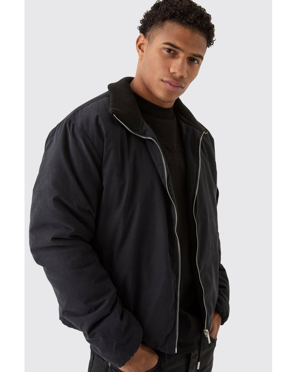 BoohooMAN Boxy Rib Collar Bomber Jacket In Black for men