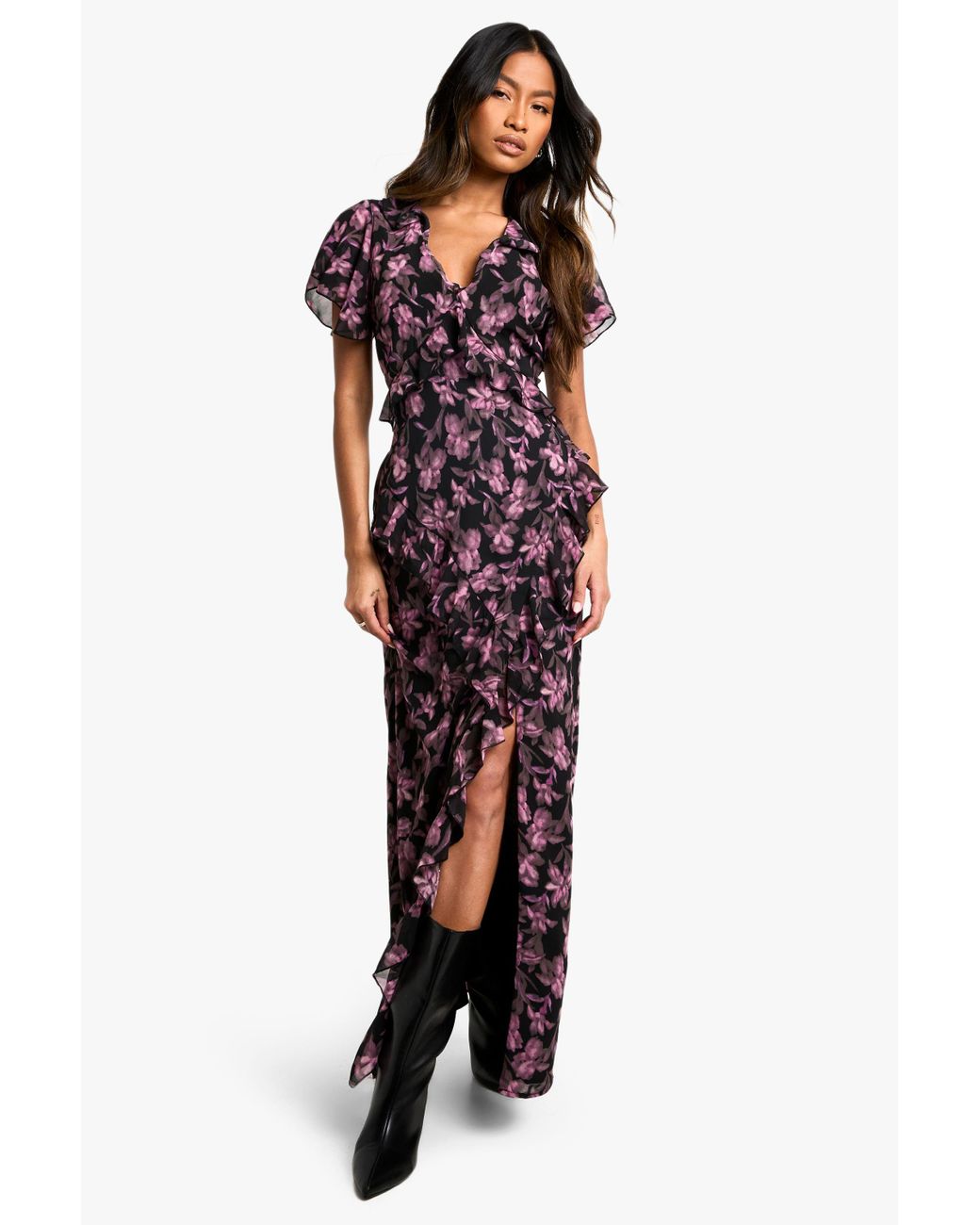 Boohoo Floral V Neck Split Maxi Dress in Red | Lyst UK