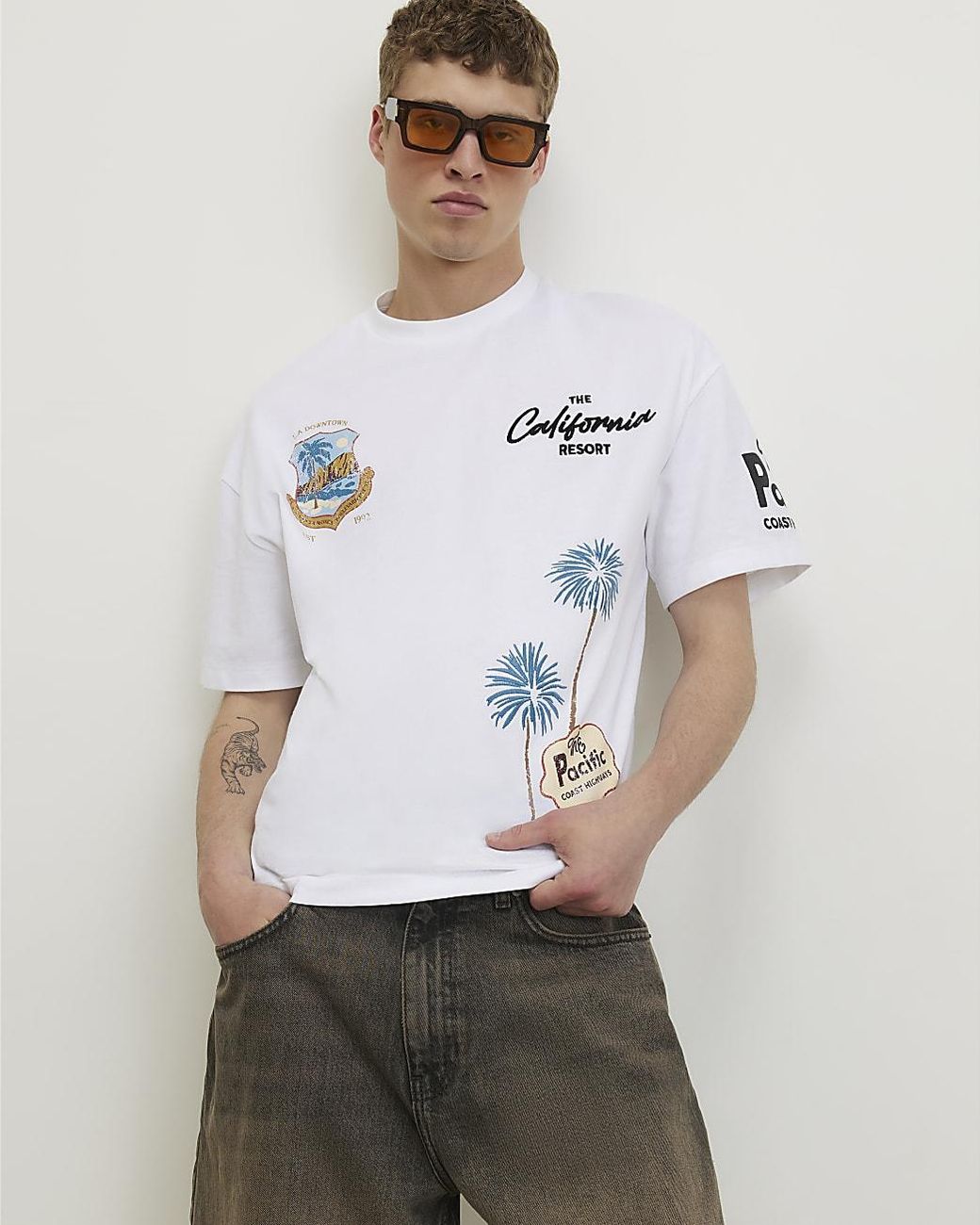 River Island White T-Shirt Oversized Fit Boulevard Graphic Cotton for men