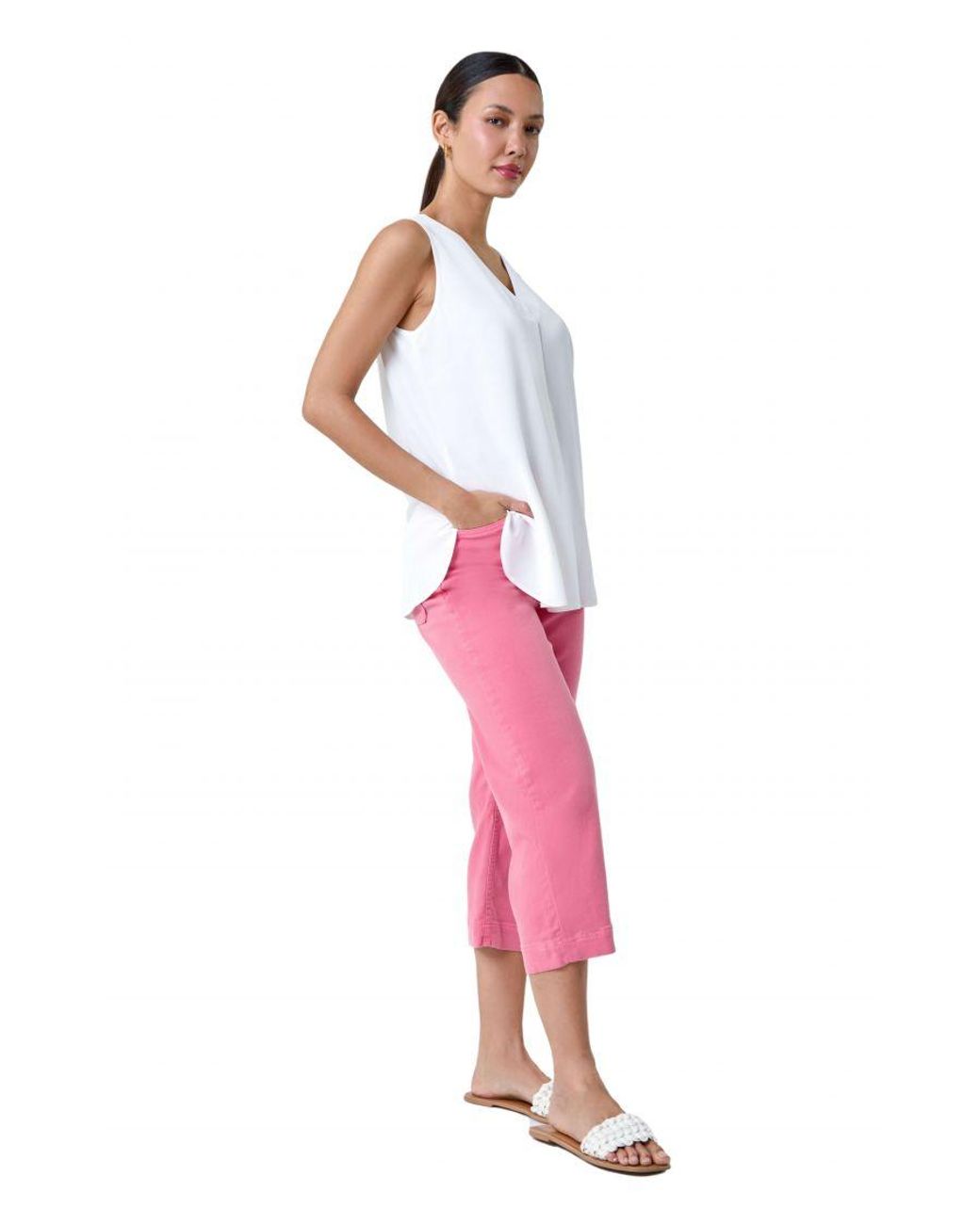 Roman White V-Neck Sleeveless Vest Pleat Top