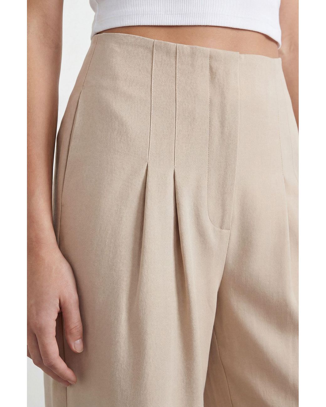 Warehouse Natural Extreme High Waisted Wide Leg Pleated Tailored Trousers