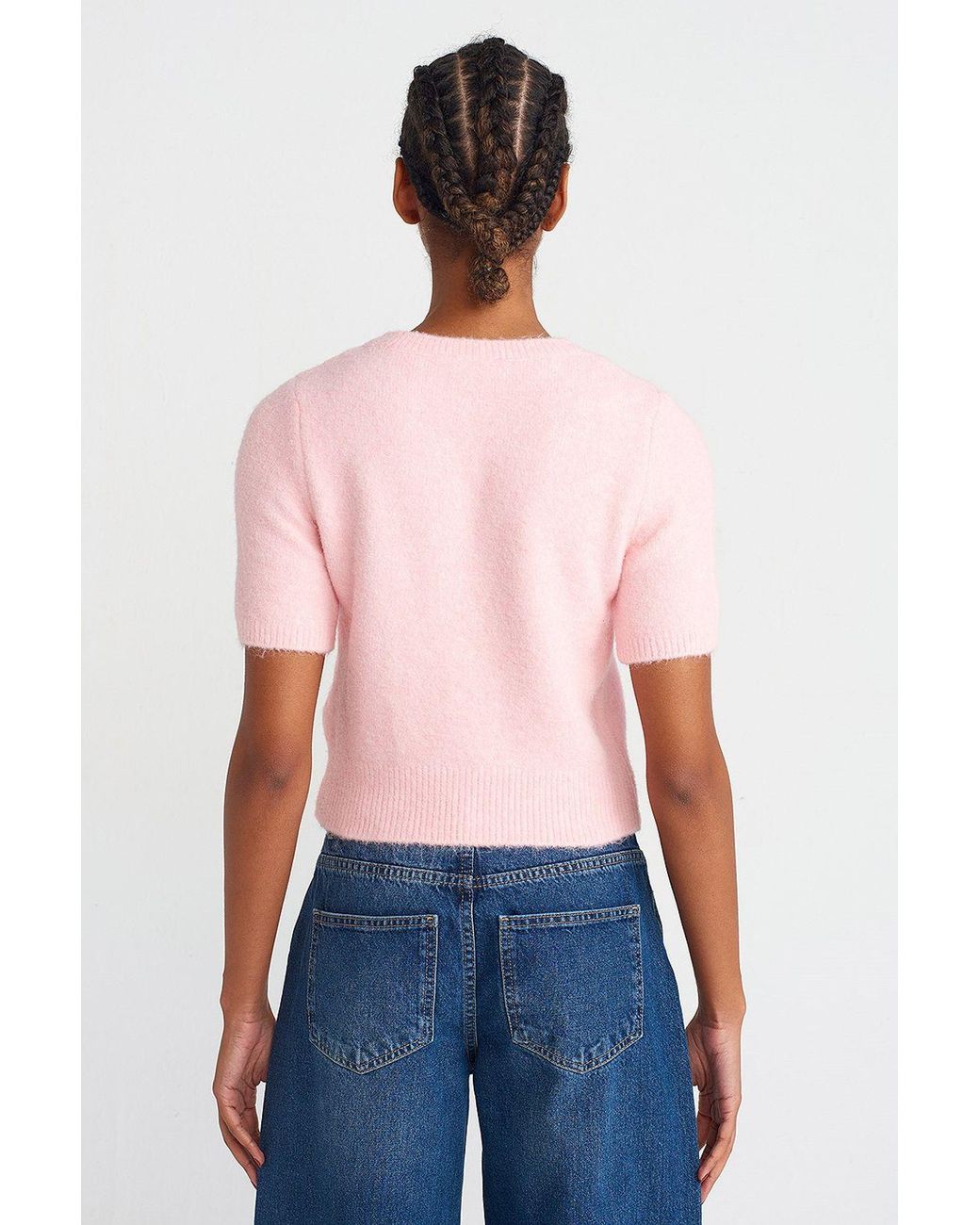 Dilvin Pink Ribbed Crew Neck Short-Sleeve Sweater