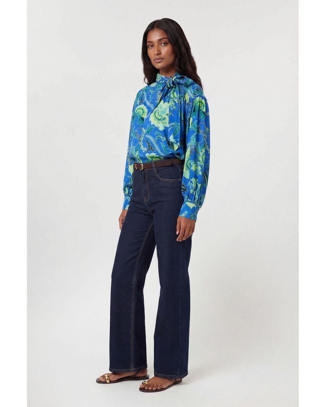 Karen Millen Blue Viscose Woven Stripe Contrast Floral Blouse