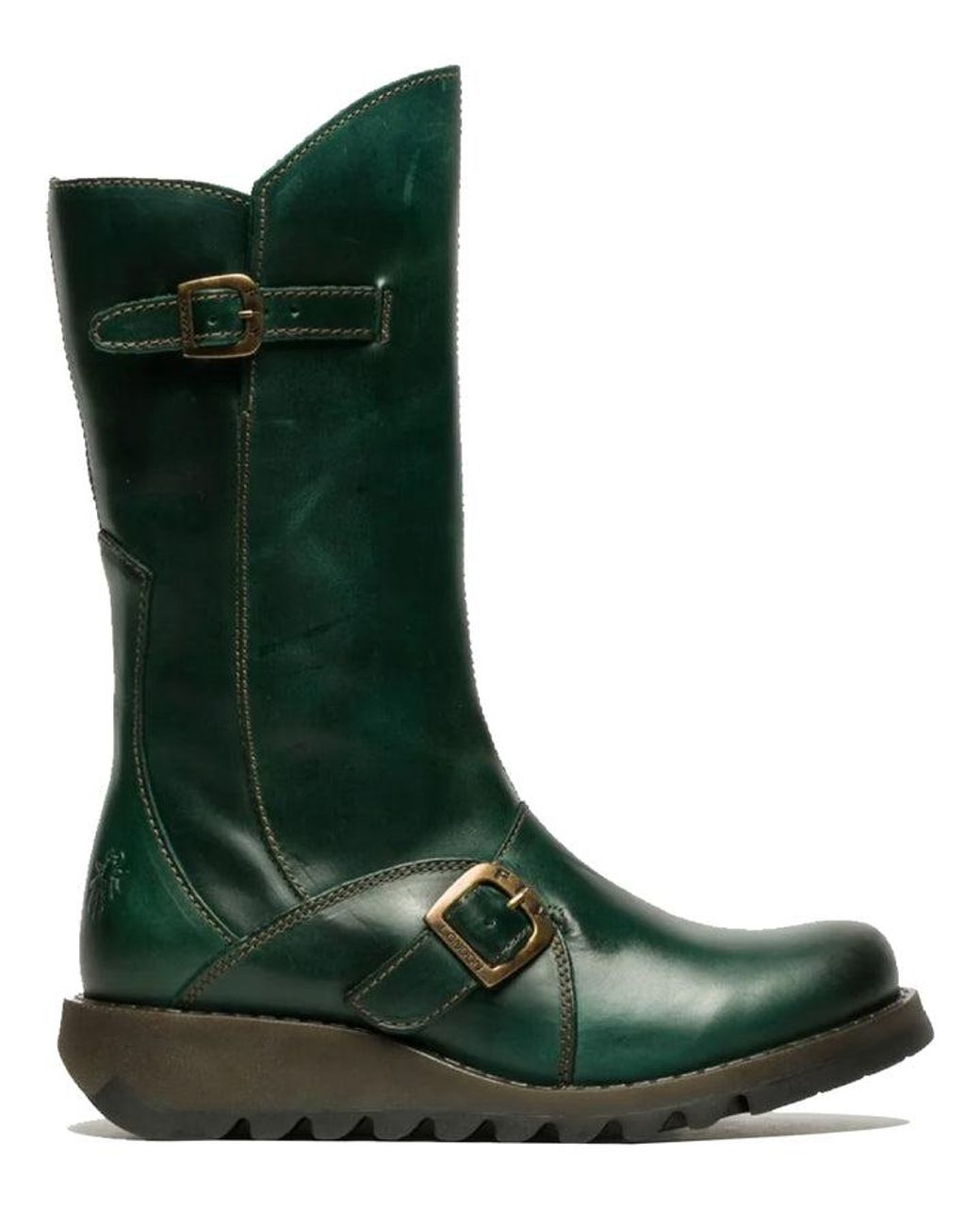 Fly London Green Mes 2 Wedge Heel Buckle Mid-Calf Leather Zip Platform Boots