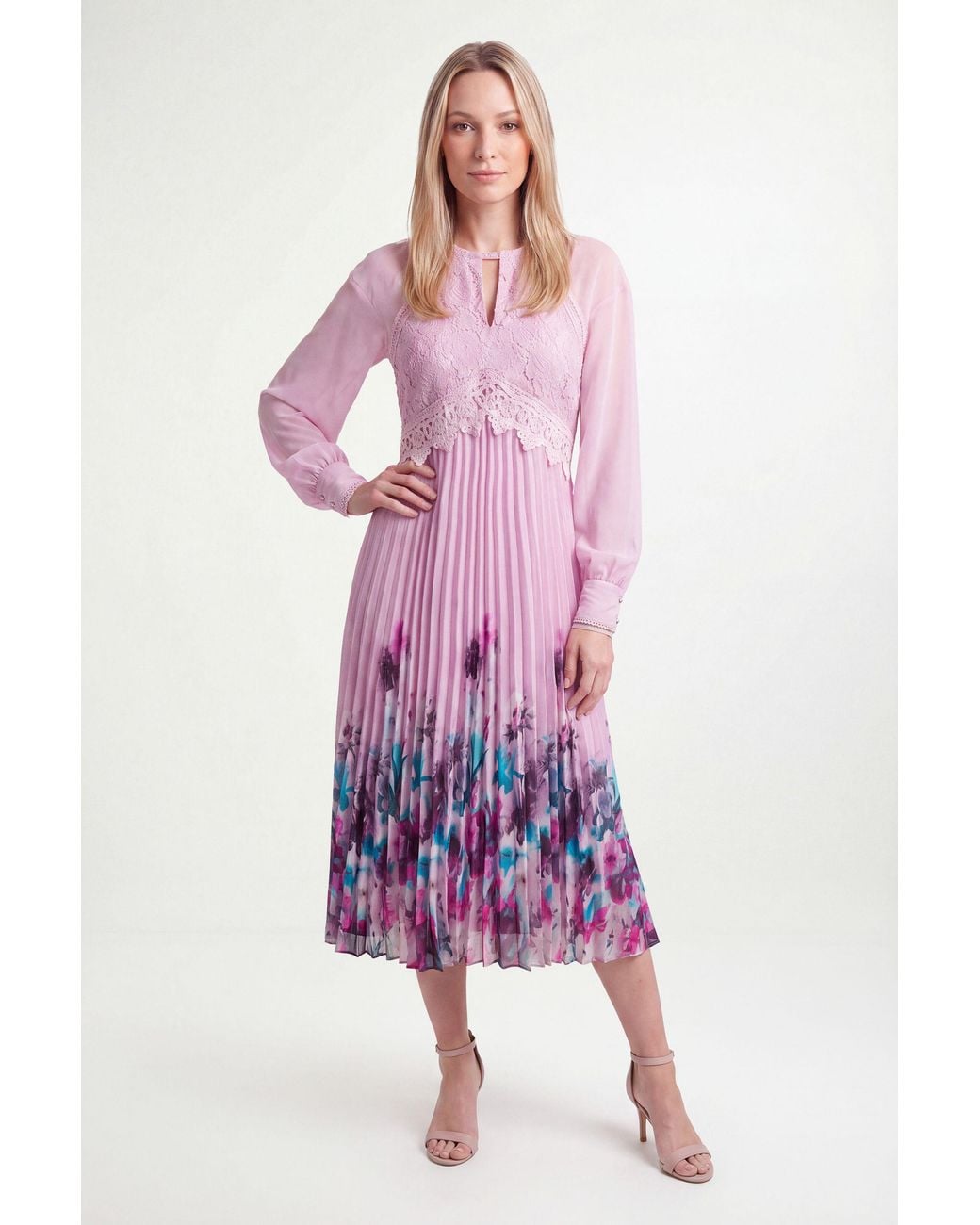 Wallis Pink Petite Floral Lace Insert Pleated Midi Dress