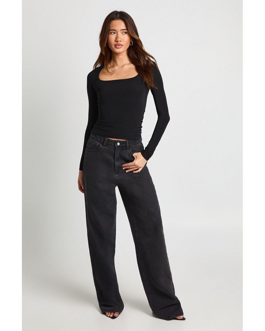 Boohoo Blue Double Layer Slinky Square Neck Long Sleeve Top