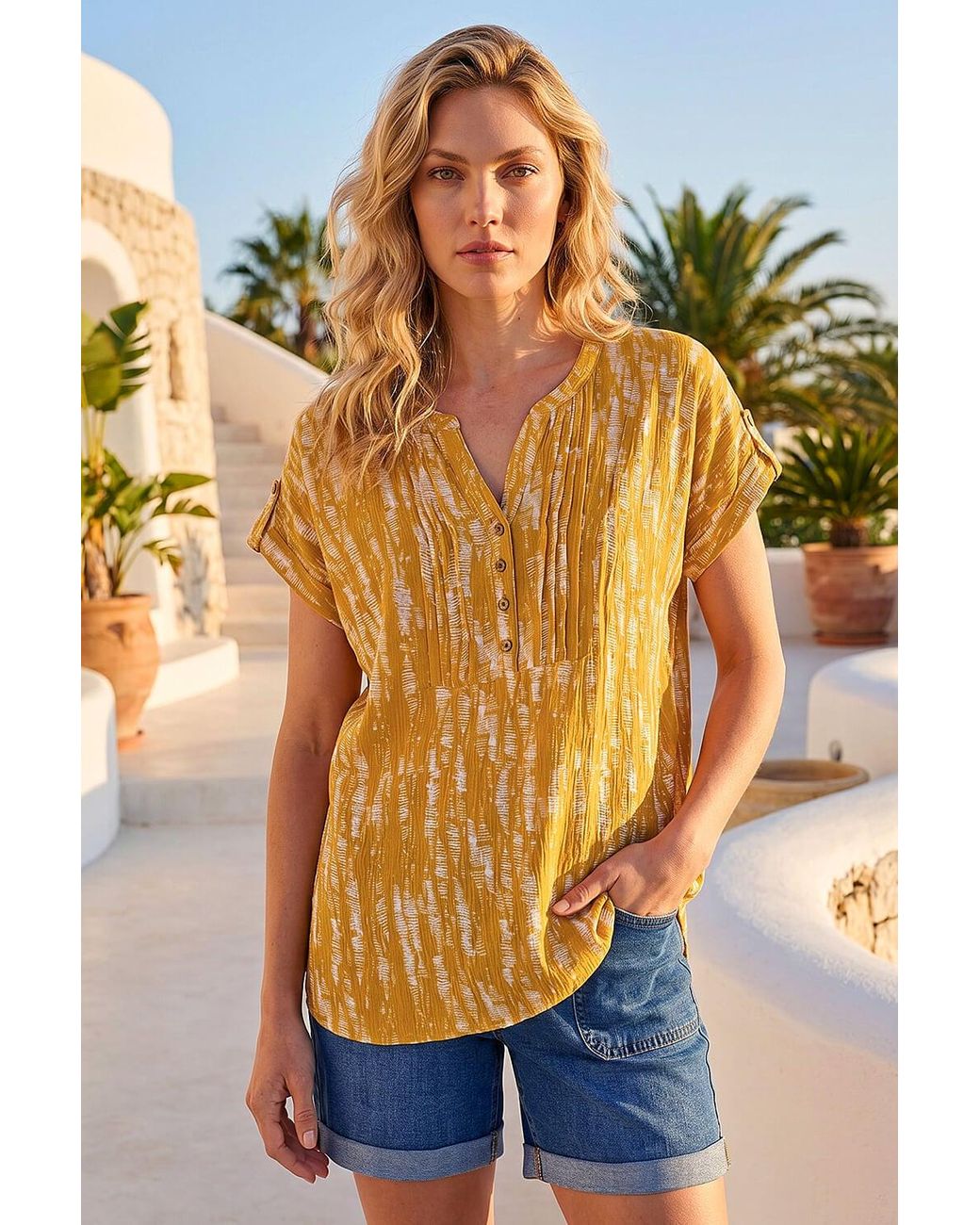 Roman Blue Abstract Print V-Neck Button Top