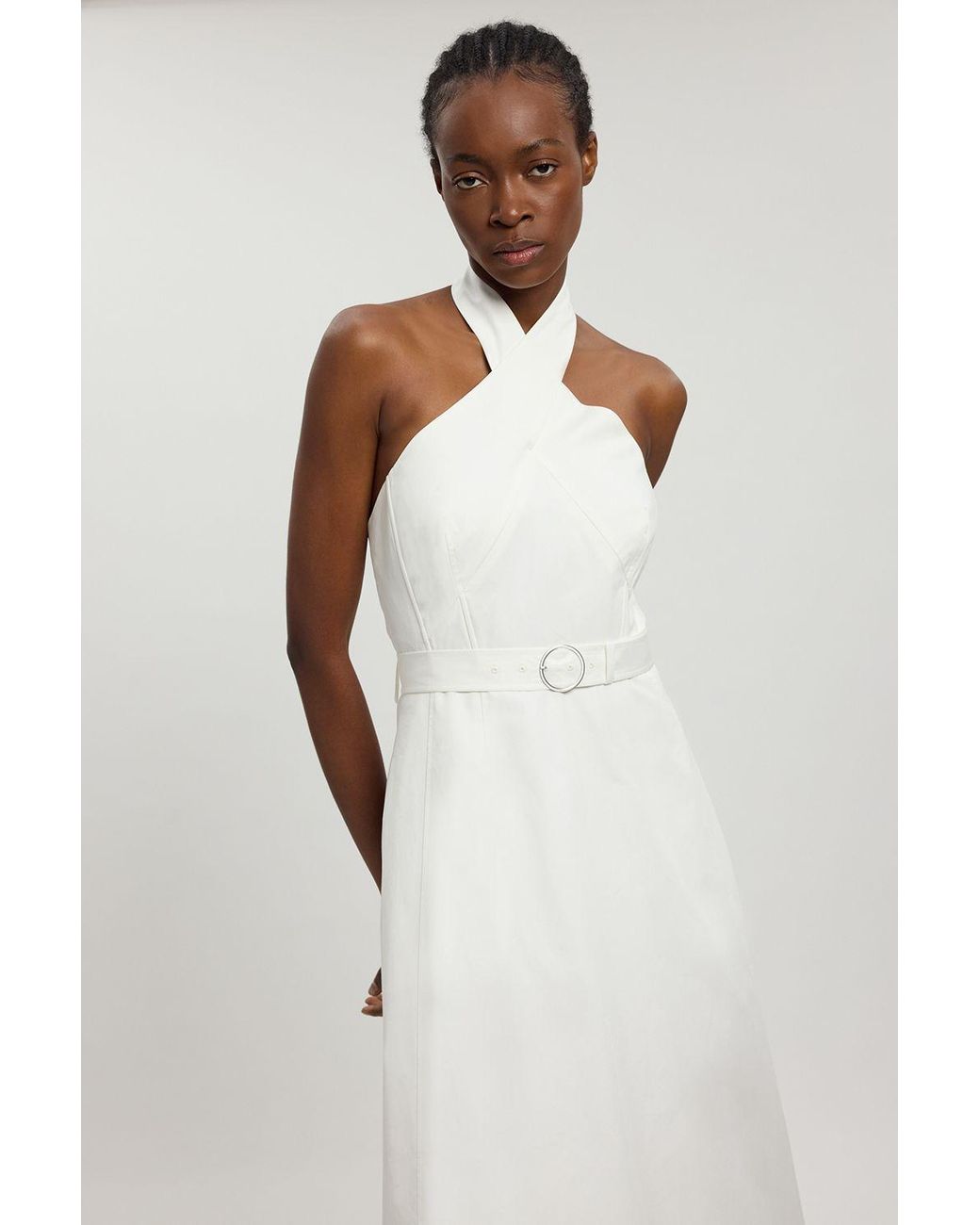 Karen Millen White Petite Tailored Cotton Sateen Pencil Belted Midi Dress