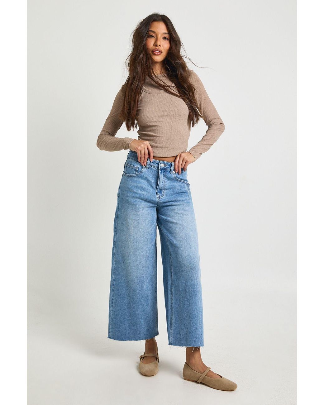 Boohoo Blue The High Waist Cropped Wide Leg Jean