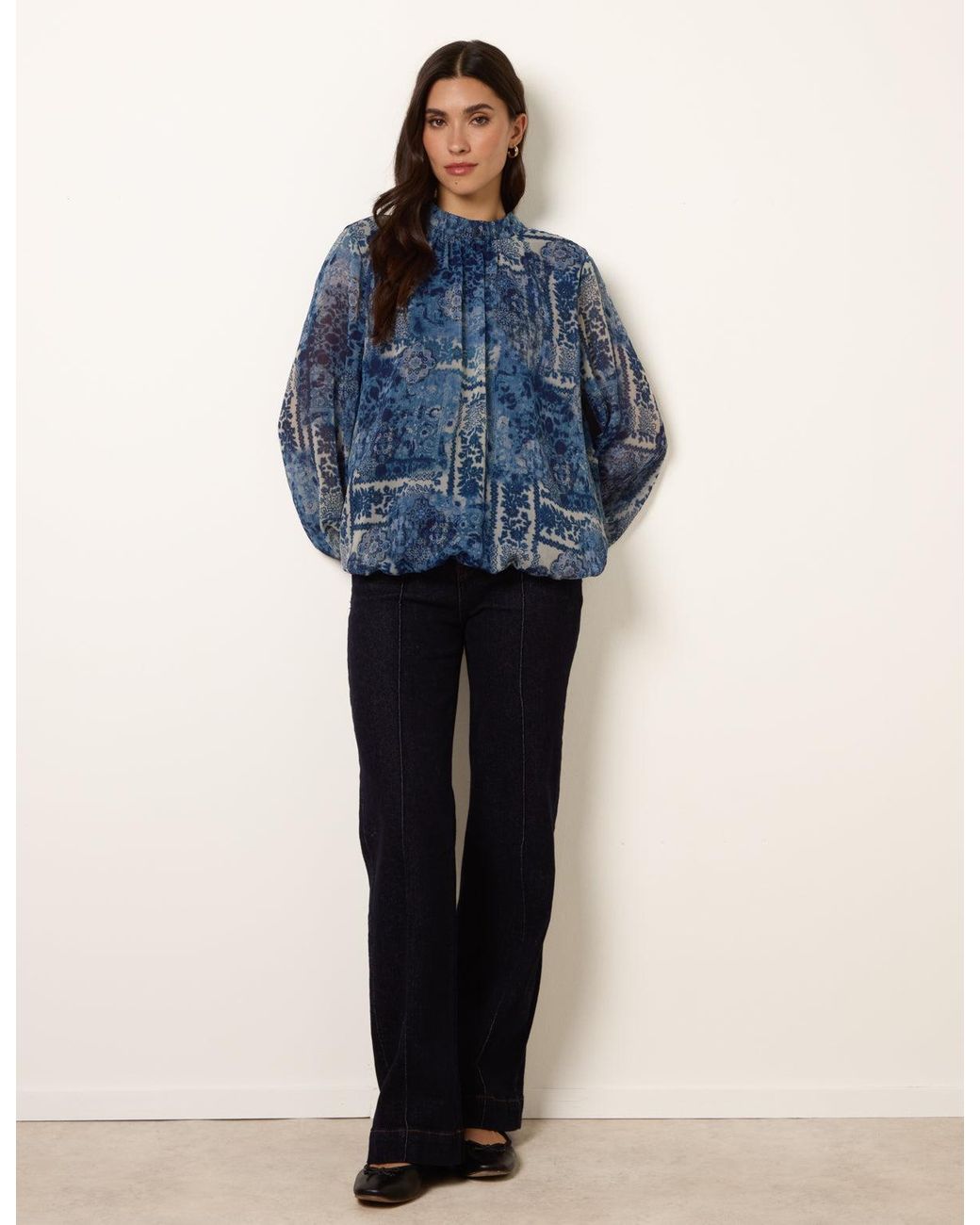 Blue Vanilla Blue High Neck Paisley Print Puffball Top