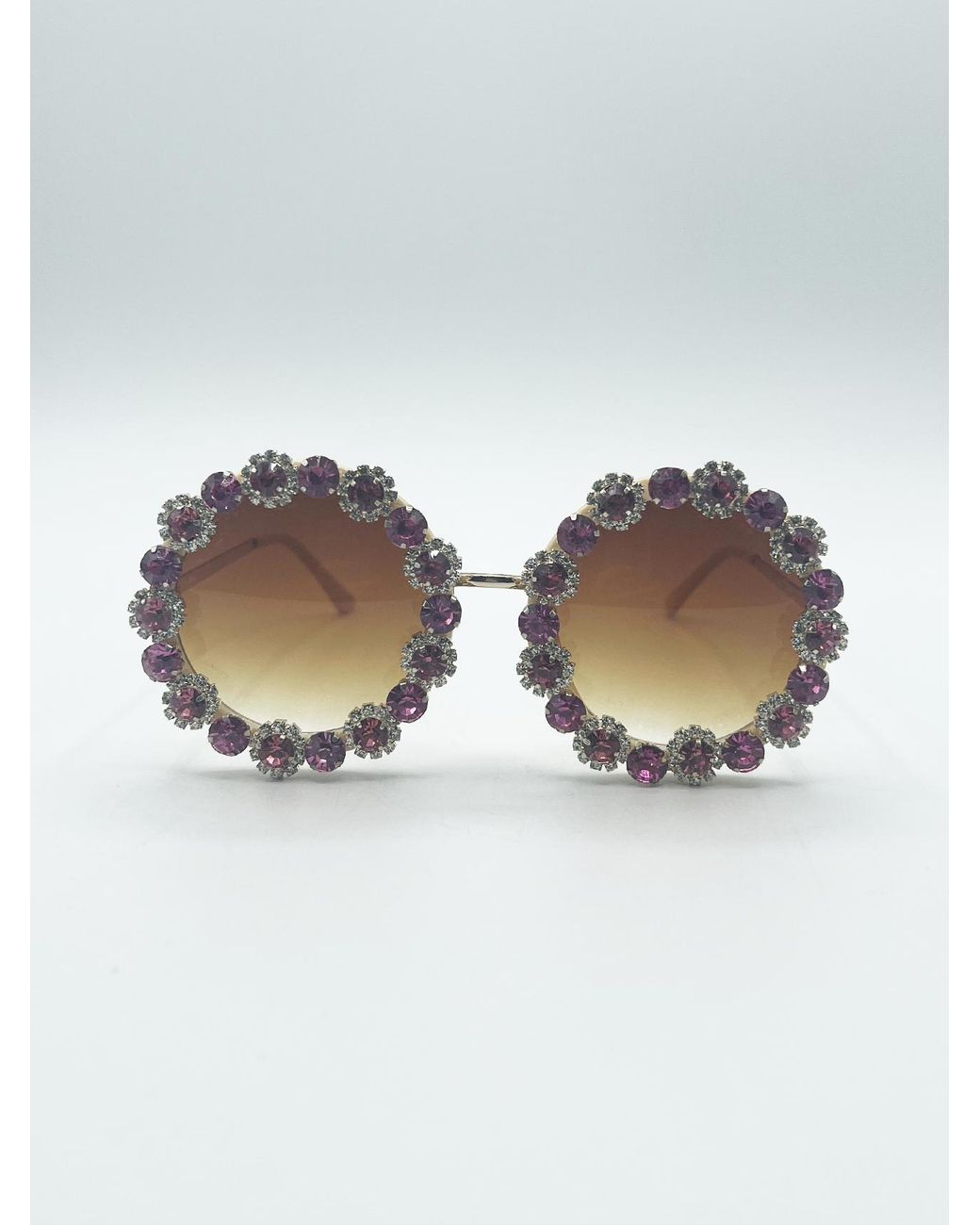 SVNX Gray Round Floral Crystal Gem Sunglasses
