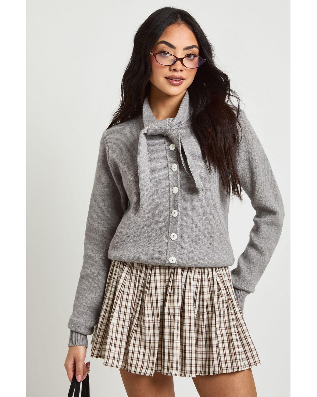 Boohoo Gray Tie Neck Button Through Cardigan