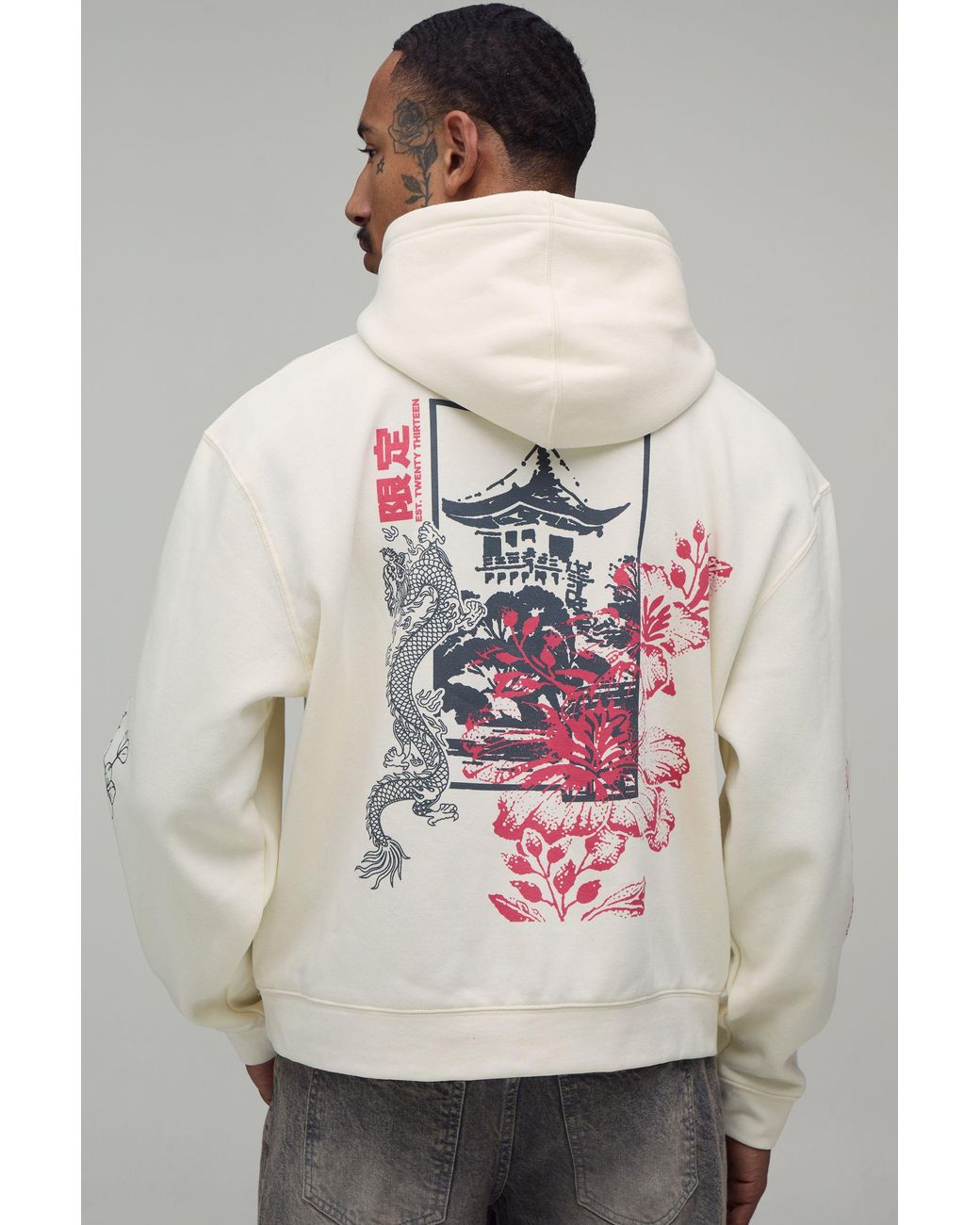 BoohooMAN Gray Oversized Boxy Kyoto Doodle Print Hoodie Cotton for men