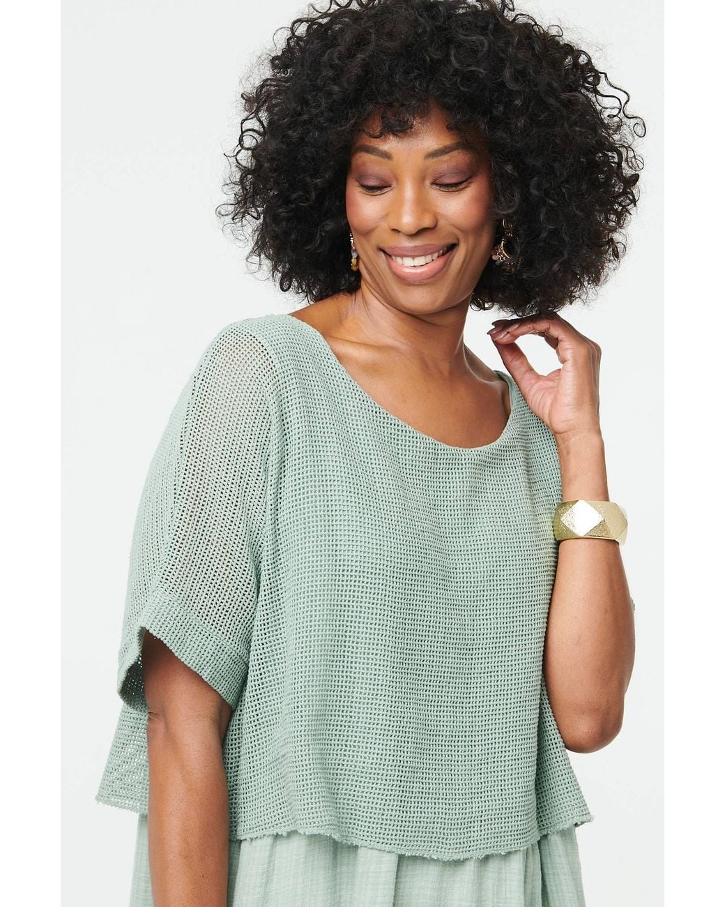 Izabel London Green Polka Dot Print 3/4 Sleeve Relaxed Shirt