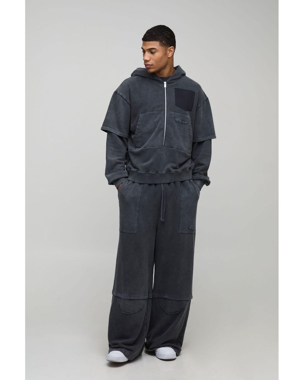 BoohooMAN Blue Oversized Boxy Washed Loopback Faux Layer Zip Through Hoodie for men