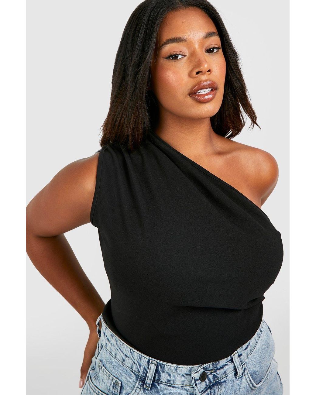 Boohoo Black Plus One Shoulder Ruched Asymmetric Top