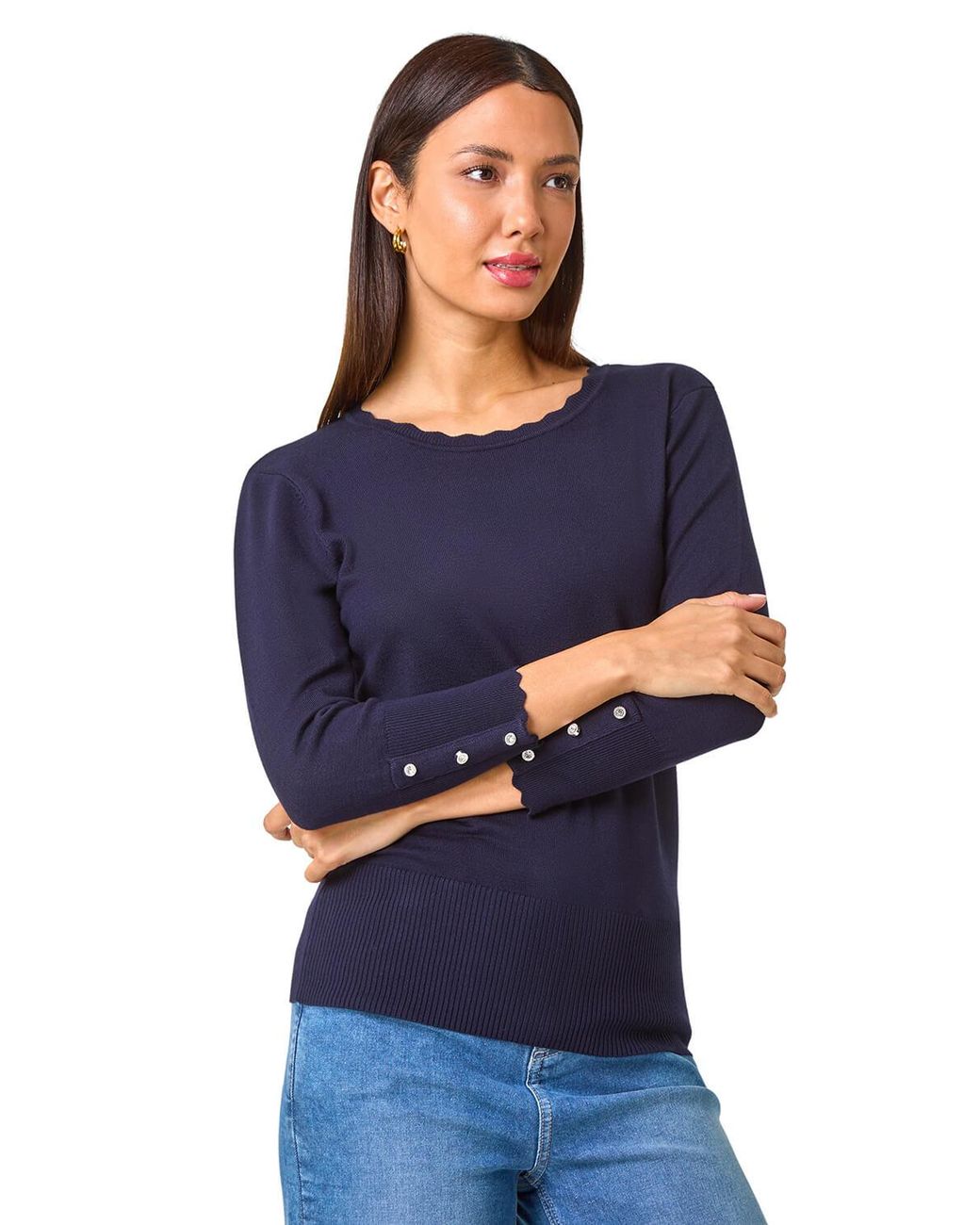 Roman Blue Diamante Button Scallop Edge Jumper