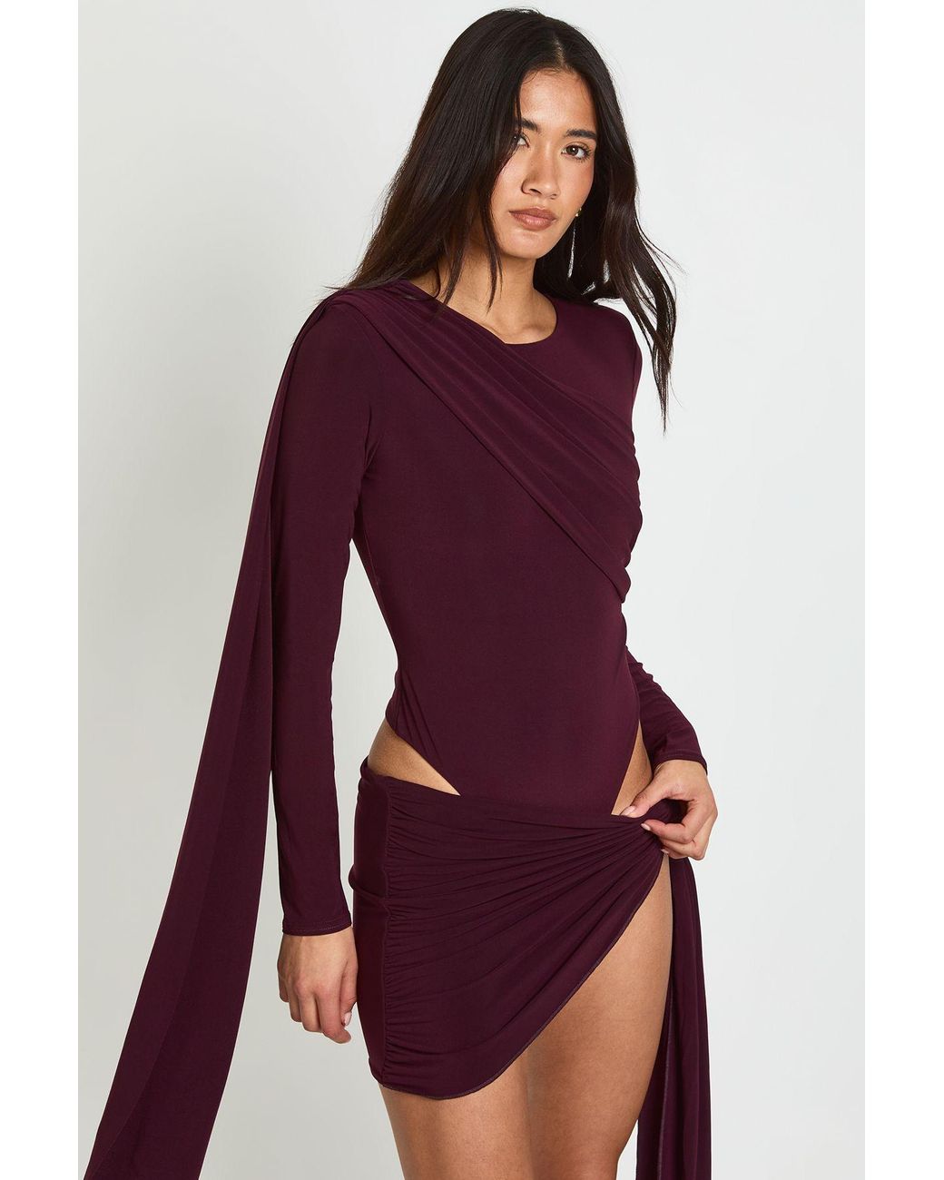 Boohoo Red Double Layer Slinky Drape Front Detail Bodysuit