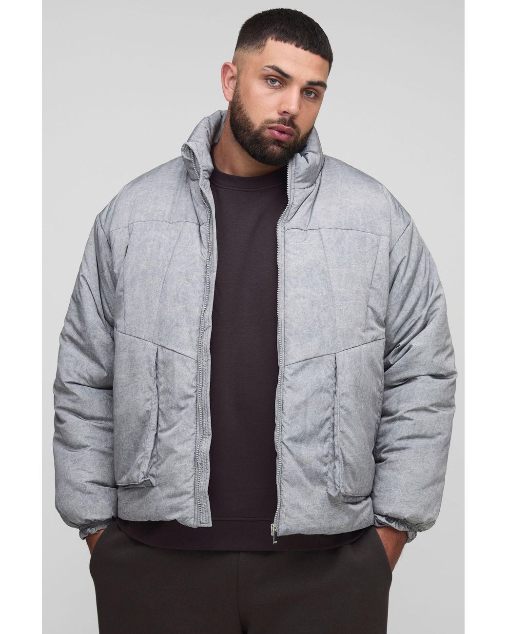 BoohooMAN Gray Plus Oversized Fit Washed Nylon Padded Funnel Neck Puffer Jacket for men