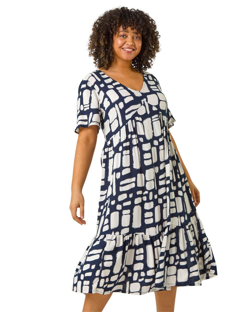 Roman White Curve Print Tiered V-Neck Dress