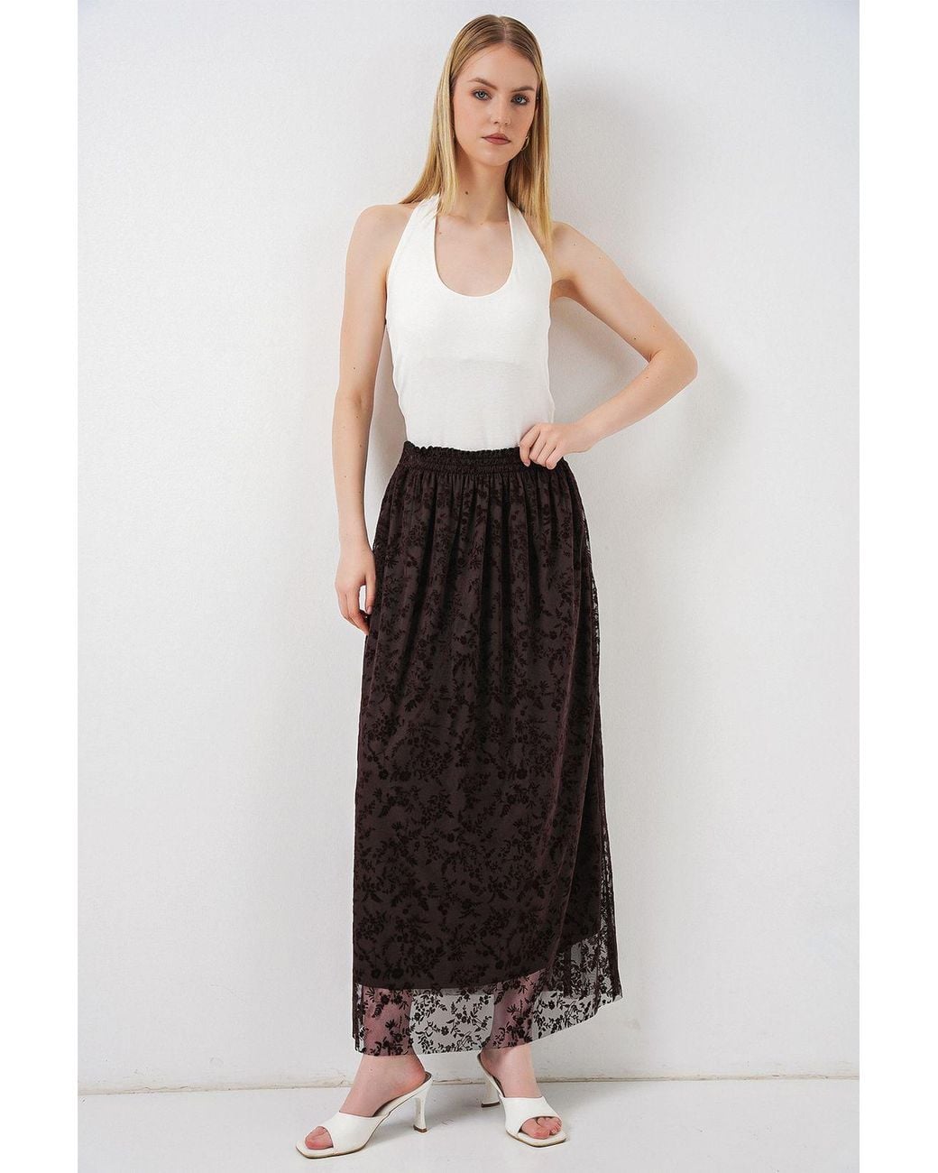 Bigdart White Floral High Waist Maxi A-Line Skirt