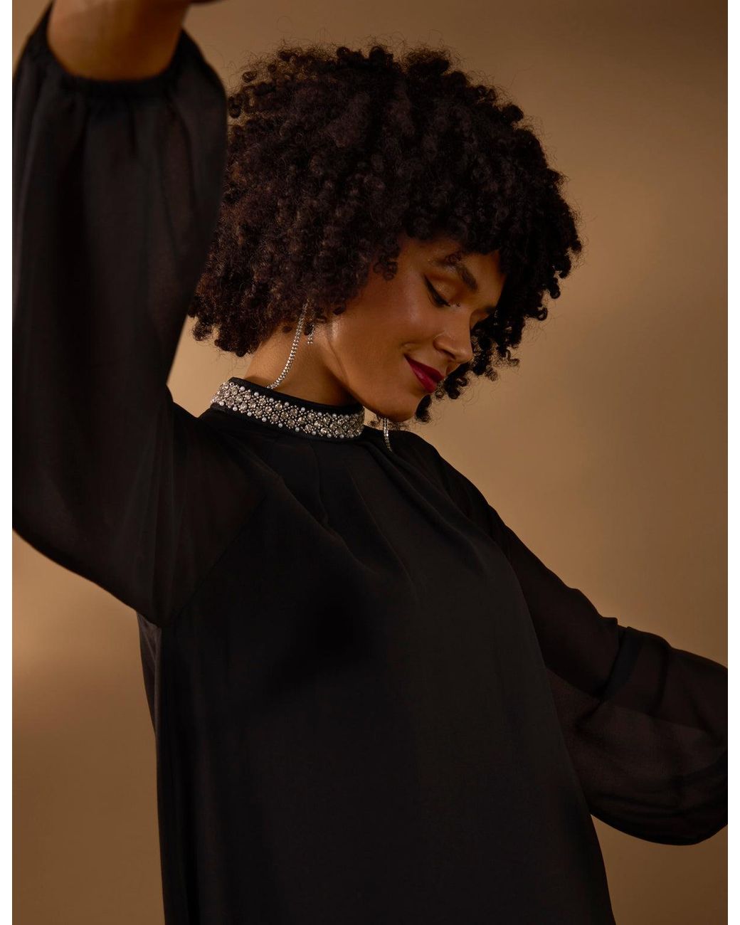 Blue Vanilla Black Embellished Collar Tunic Top
