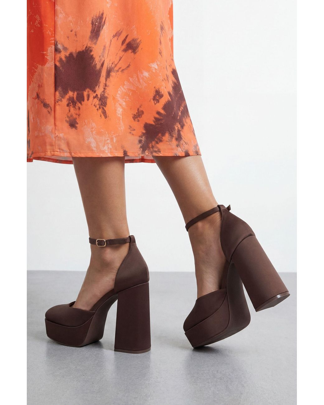 Faith Orange Cadence Satin Closed Toe Chunky Platform Heeled Shoes