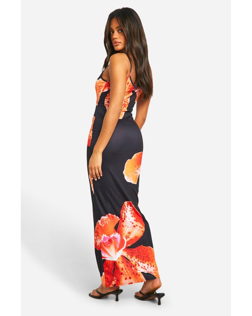 Boohoo Orange Floral Strappy Maxi Dress