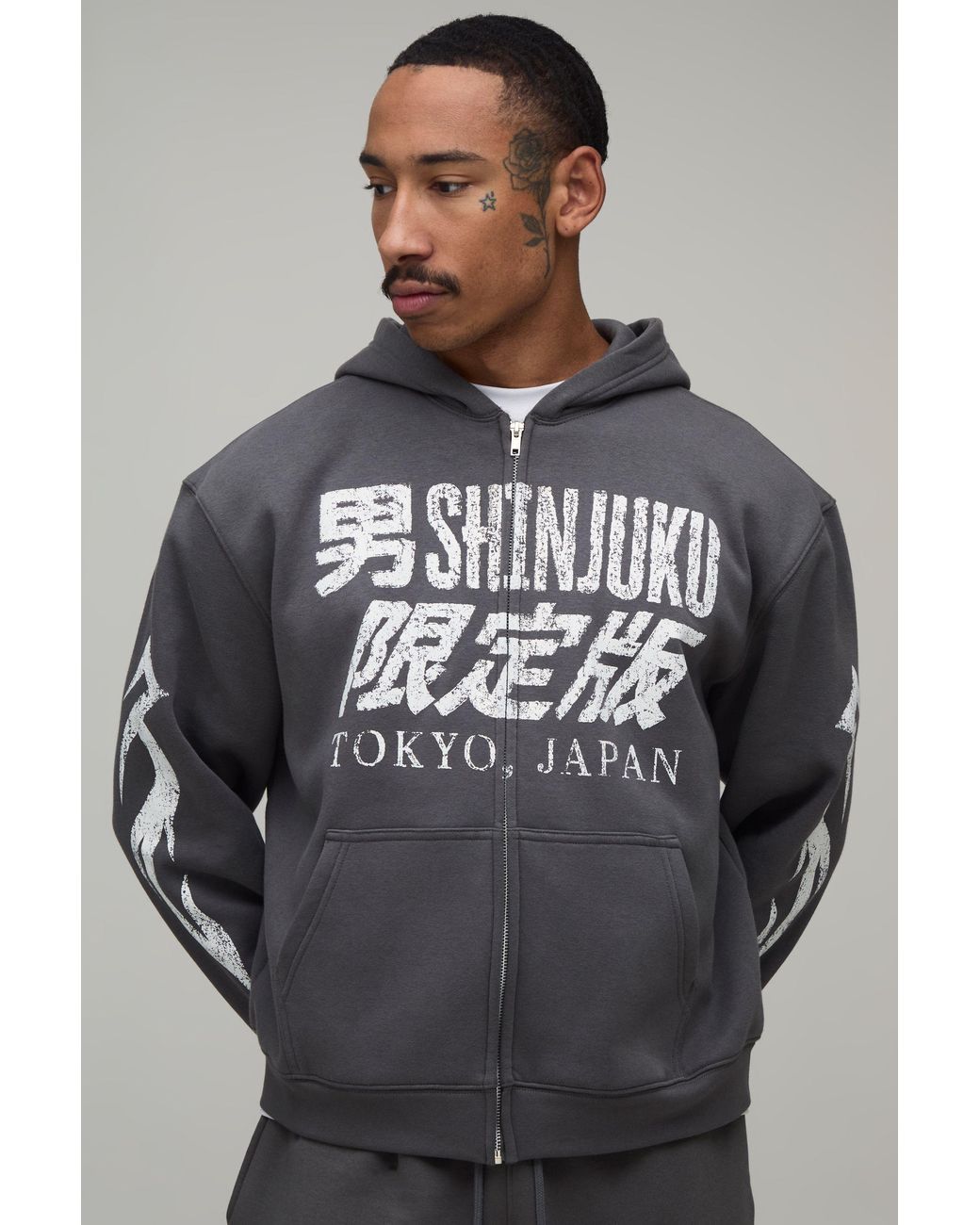 BoohooMAN Gray Oversized Boxy Tokyo Moto Print Zip Through Hoodie Cotton for men