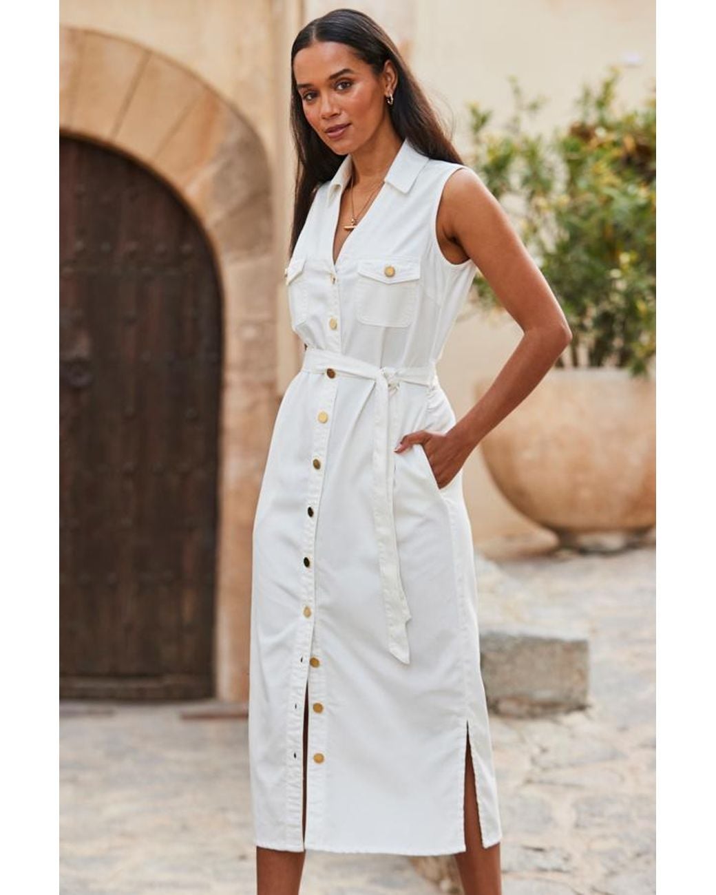 Sosandar Metallic Ivory Belted Denim Midi Dress